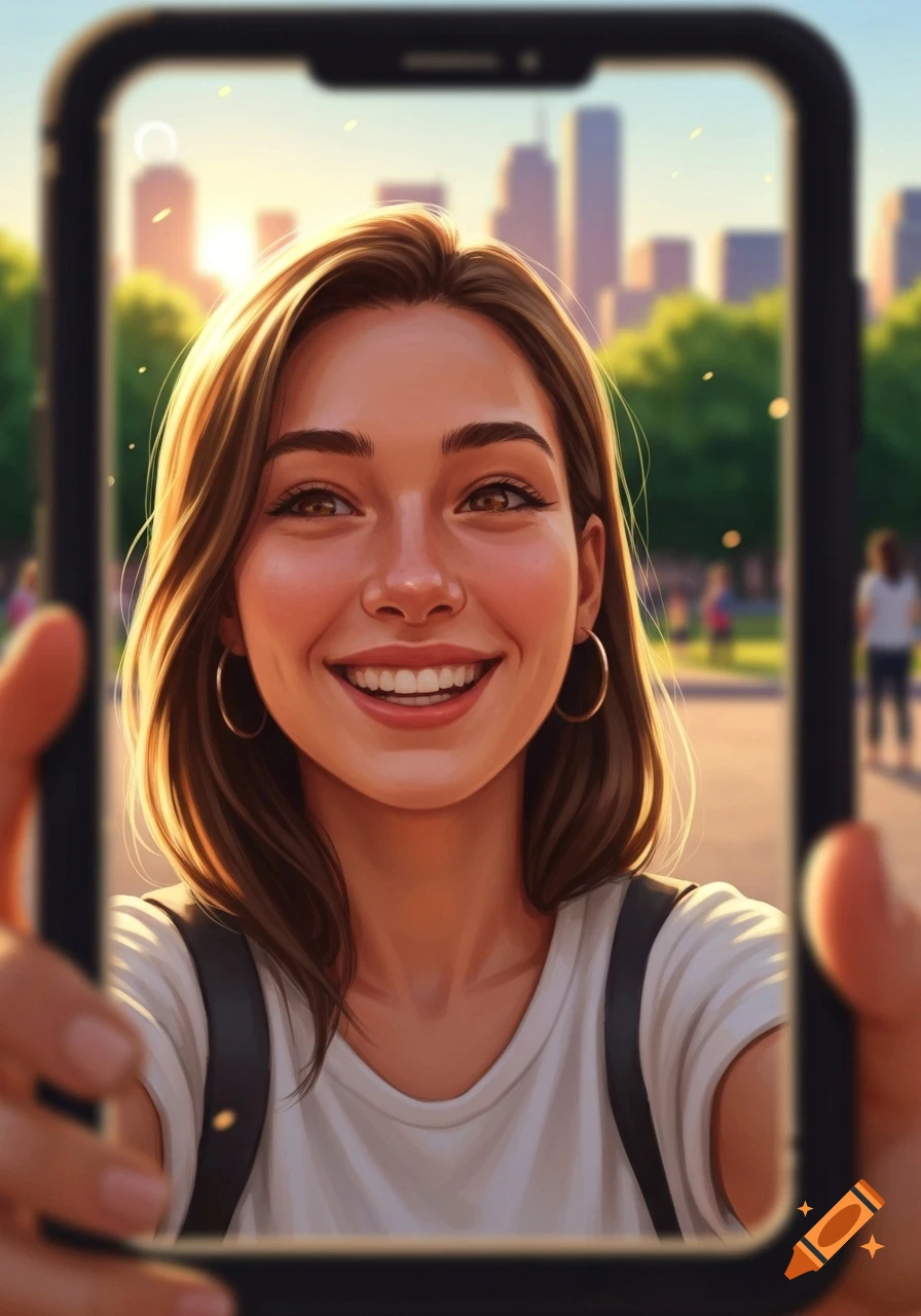 A smiling young woman takes a selfie with a smartphone, capturing herself in a sunny city park with a skyline in the background.