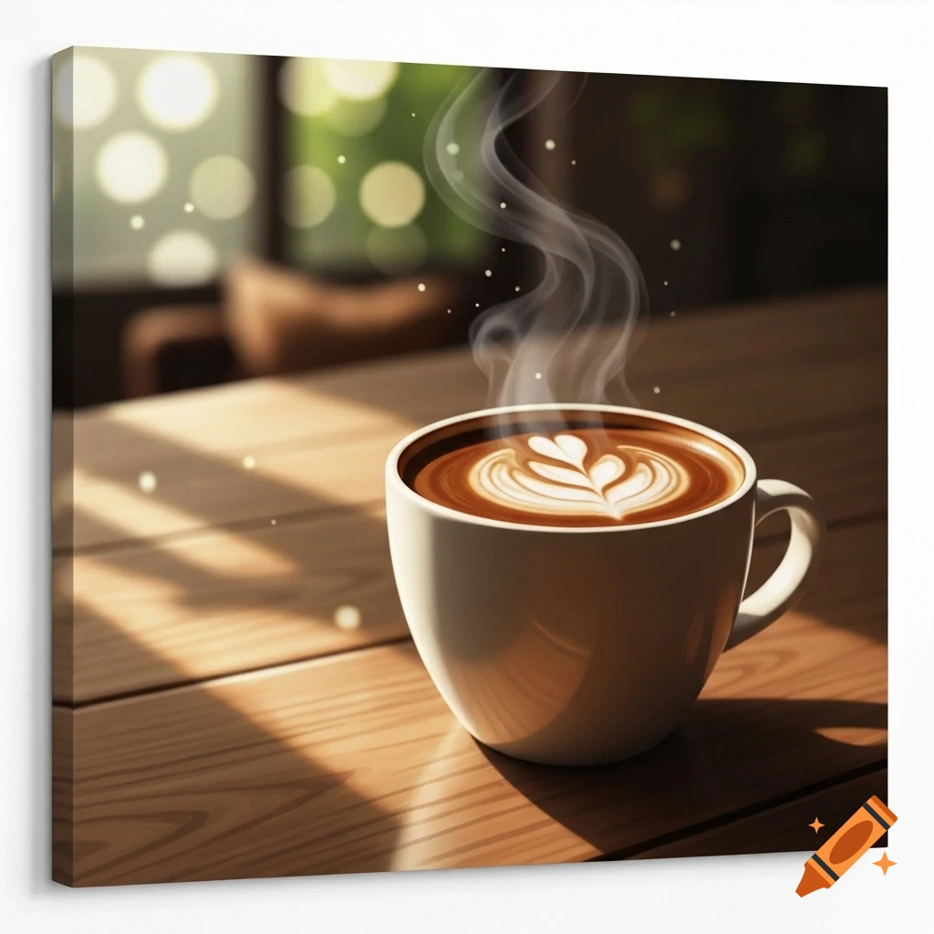 Steaming cup of latte with heart art on a wooden table, sunlight streaming in from a window in a cafe setting.
