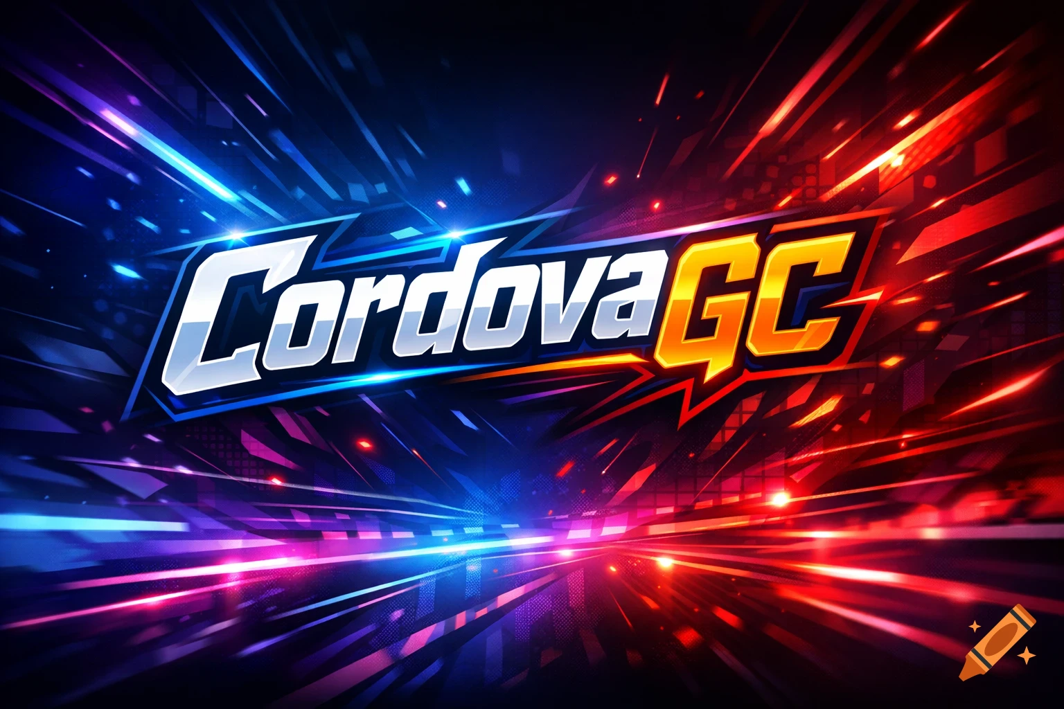 Dynamic logo for 'CordovaGC' with blue and red light streaks and abstract shapes on a dark background.