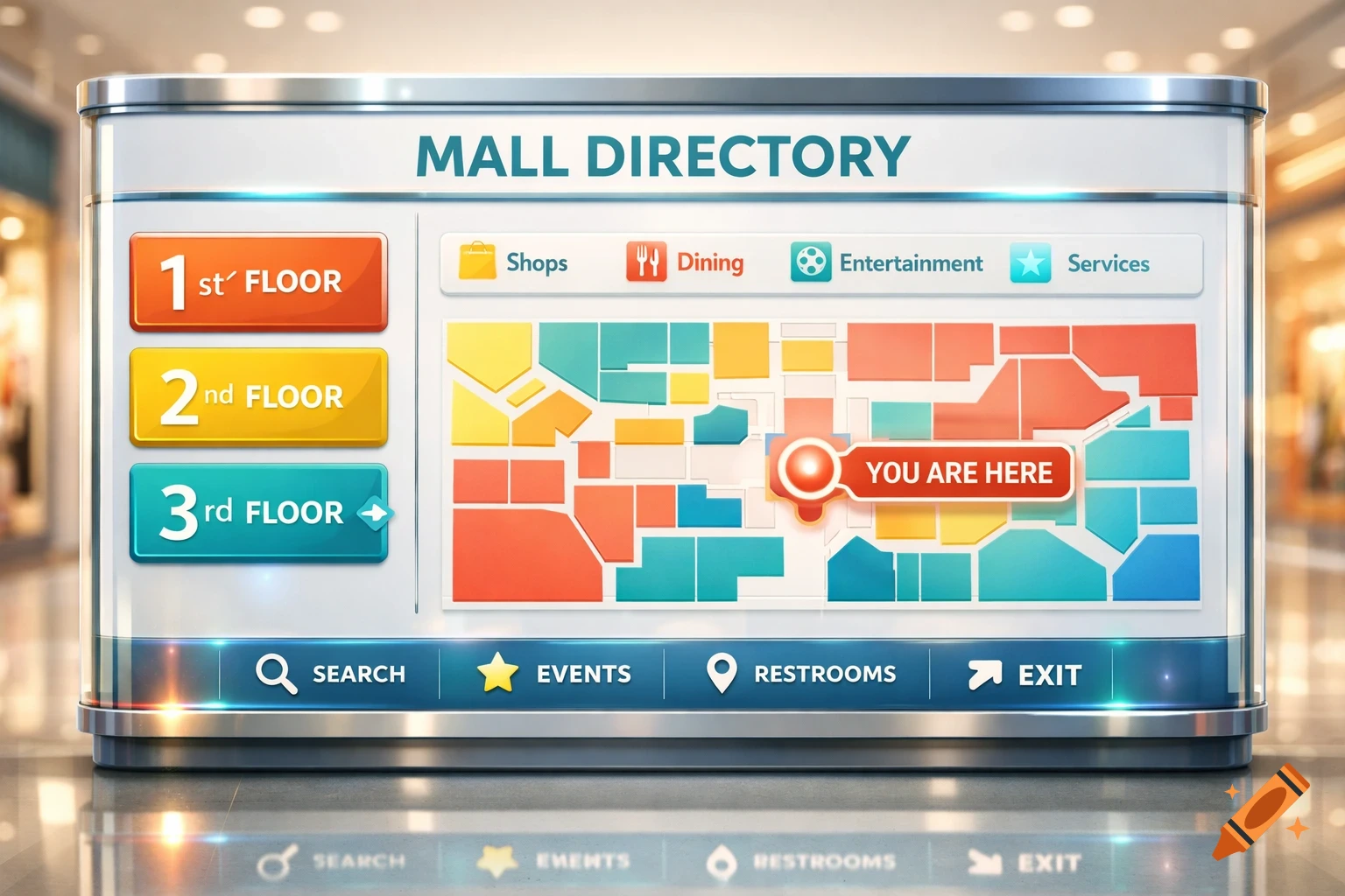 A modern, colorful digital mall directory displaying floor levels, category legends for shops, dining, entertainment, and a map.
