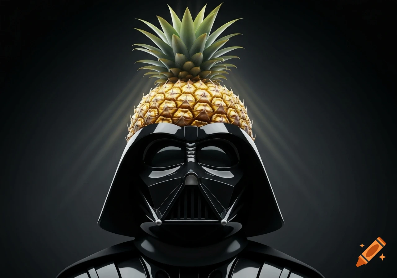 Darth Vader helmet with a ripe pineapple on top, emitting light rays against a dark, minimalist background.