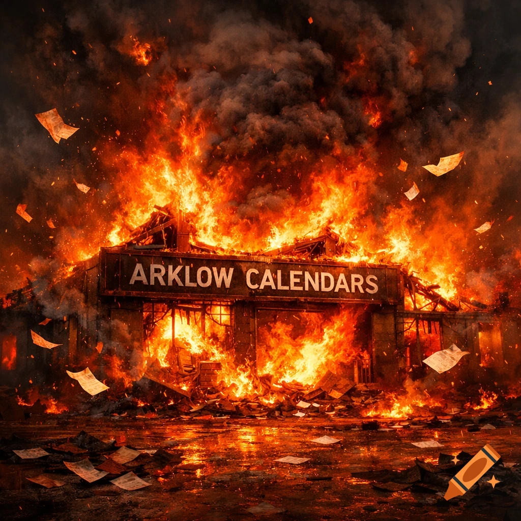 A two-story building labeled 'ARKLOW CALENDARS' engulfed in large, bright orange flames and thick dark smoke, with burning debris and papers scattered around.