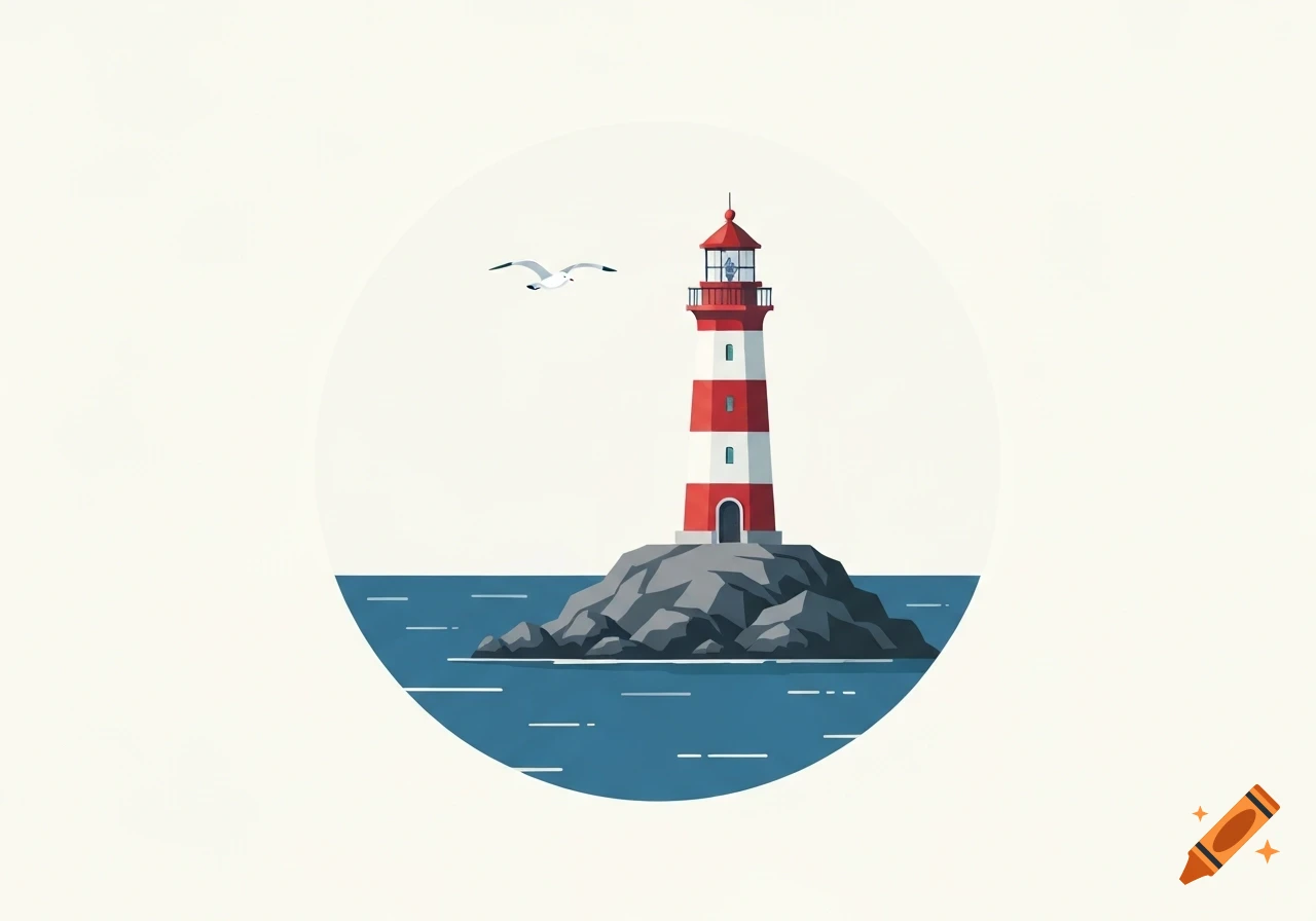 Flat illustration of a red and white lighthouse on a rocky island in blue water, with a seagull flying.