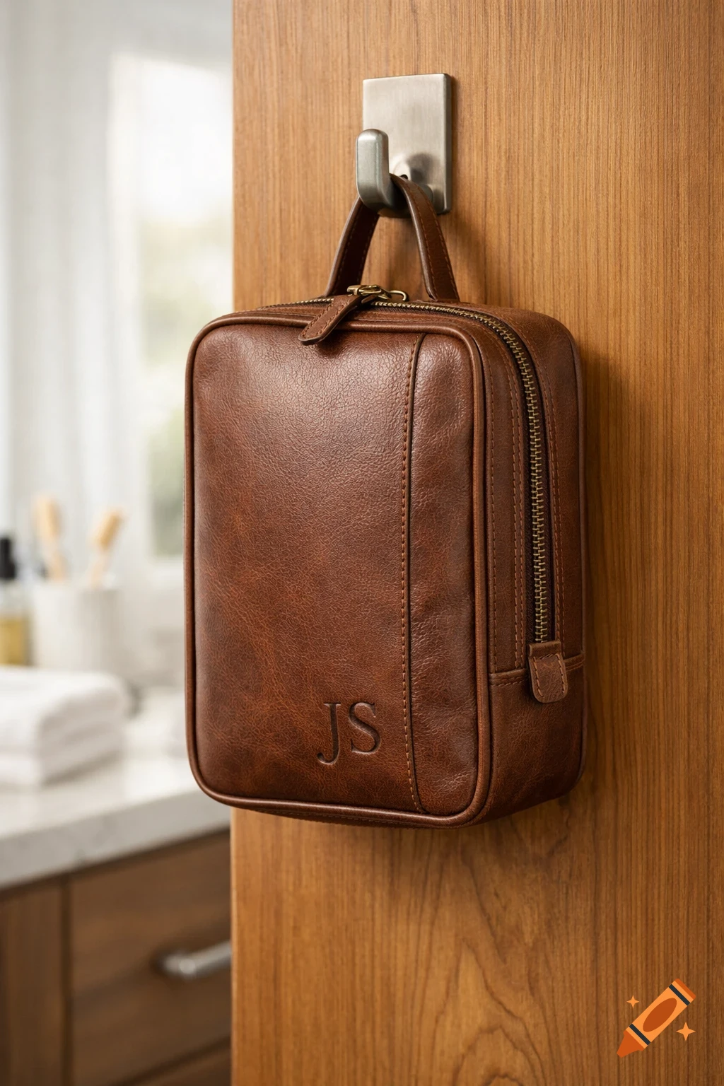 A brown leather toiletry bag with 'JS' initials, hanging from a metal hook on a light wooden door in a modern bathroom.