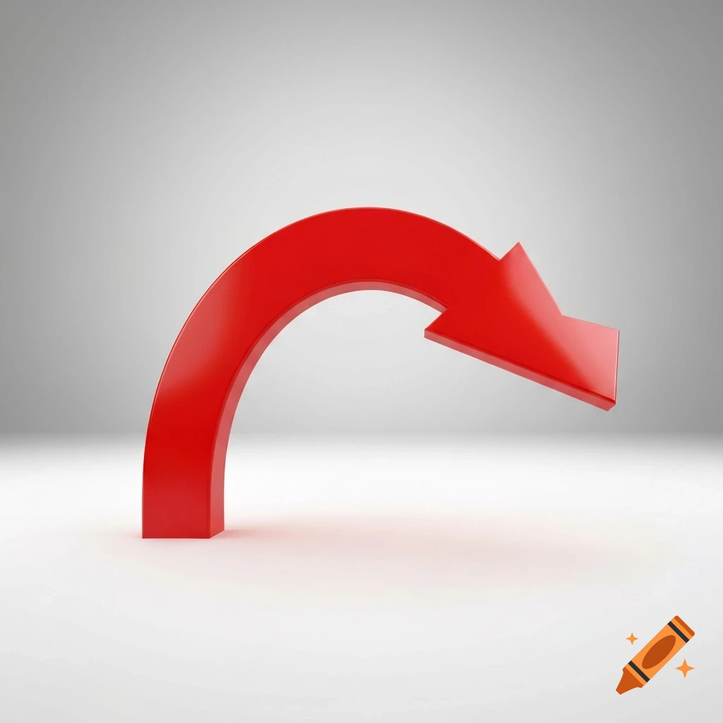 A glossy red arrow curved 90 degrees to the right on a white and grey background, 3D rendering style.