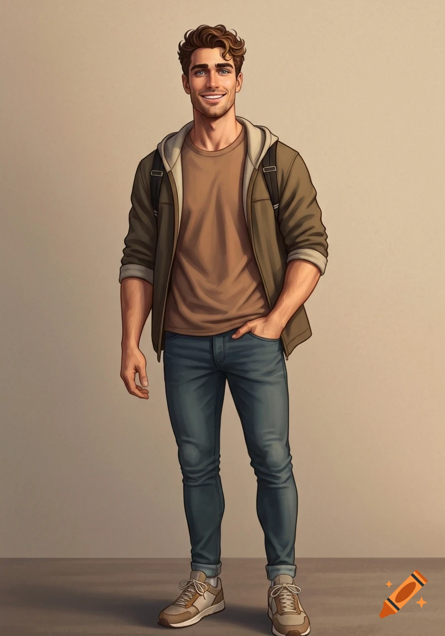 An illustration of a smiling young man with curly brown hair, wearing a brown hoodie, a brown t-shirt, blue jeans, and sneakers.