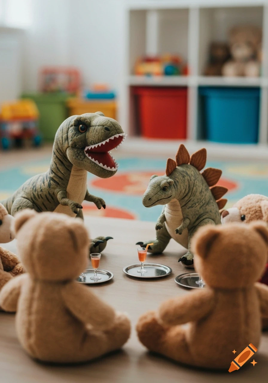 Plush T-Rex and Stegosaurus toys having a cocktail party with teddy bears in a bright playroom.