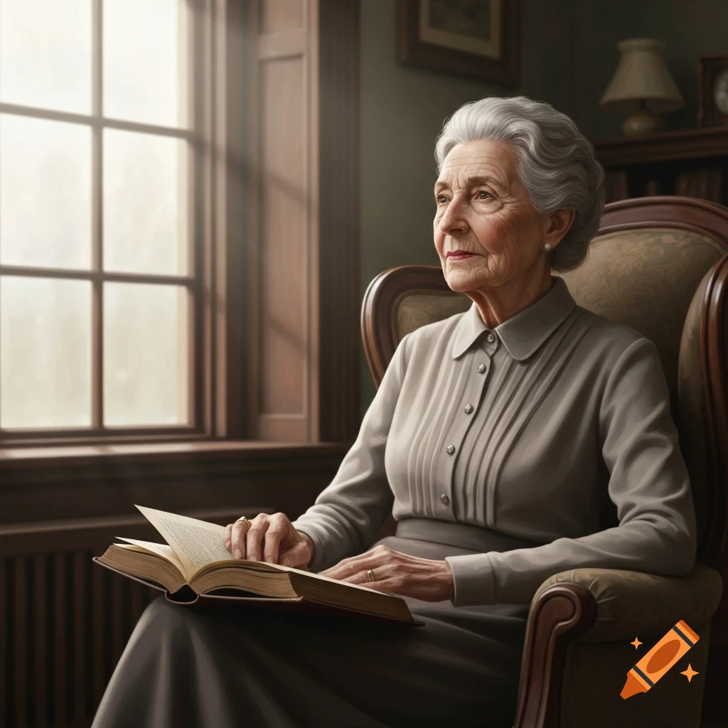 An elderly woman with gray hair sits in an armchair by a sunlit window, reading a book. Photorealistic style.