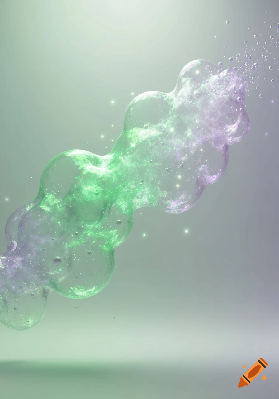 Translucent green and purple connected bubble forms with tiny sparkles, dissolving into smaller bubbles on a gradient background.