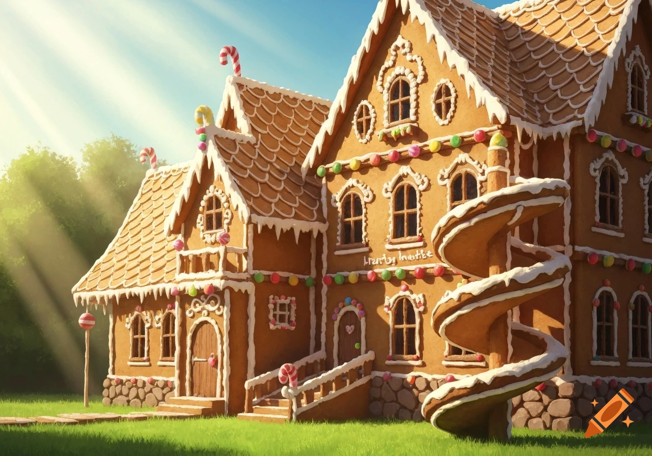 A whimsical gingerbread house with candy decorations, a candy cane slide, and white icing trim, bathed in sunlight on a green lawn.