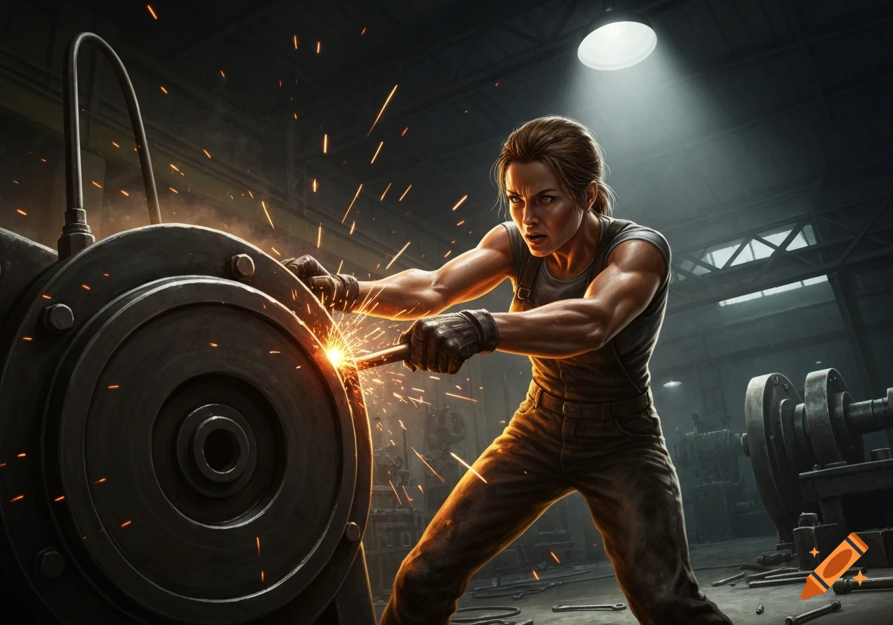 A strong woman in work overalls welds a large metal machine, sparks flying in a dark industrial workshop.