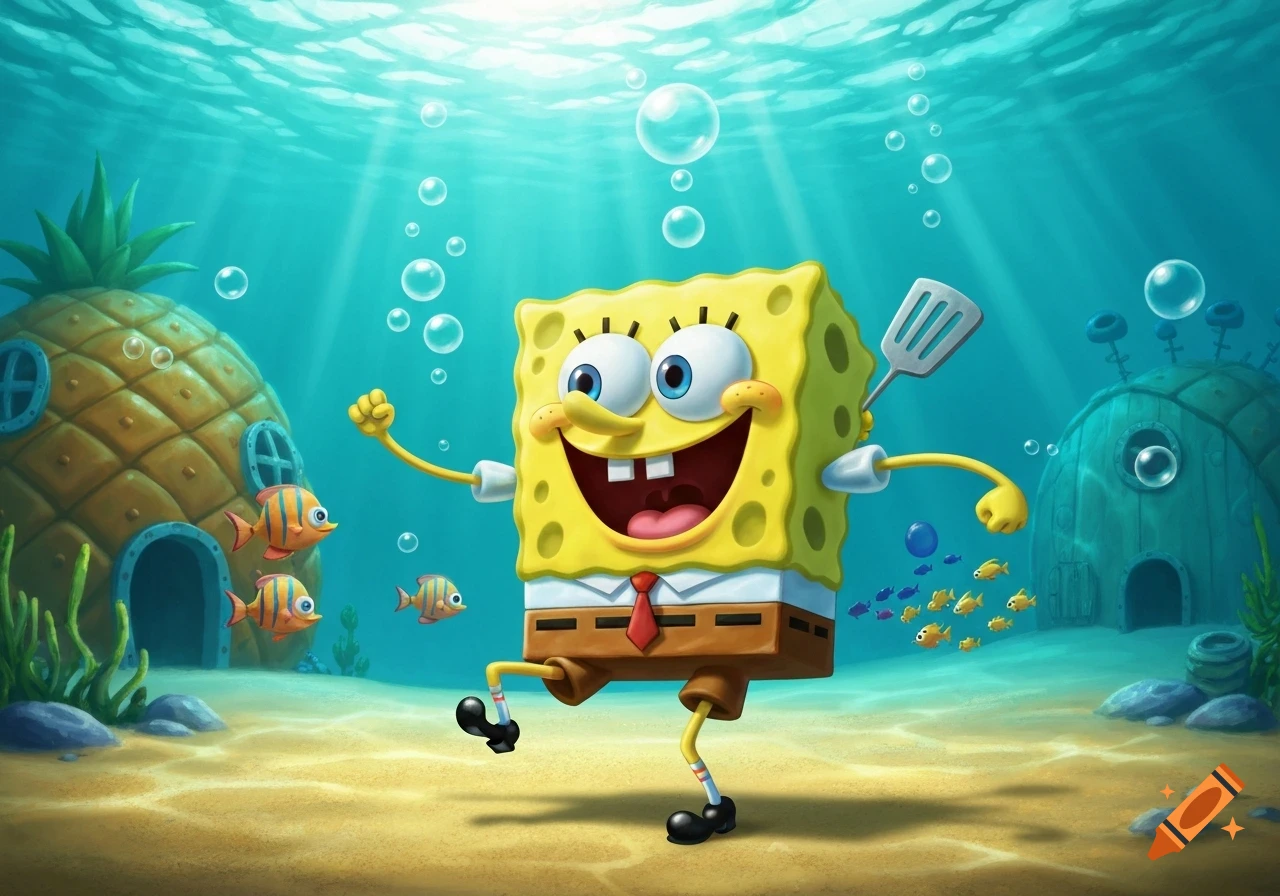 Spongebob Squarepants happily dances underwater, holding a spatula, with his pineapple house and fish around him.