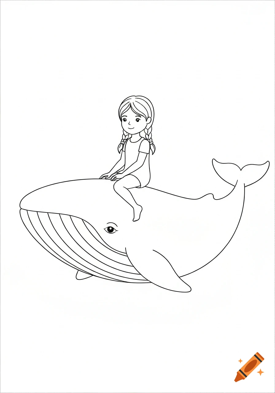 Cartoon girl with braids sitting on a whale, rendered as a coloring page on a white background.