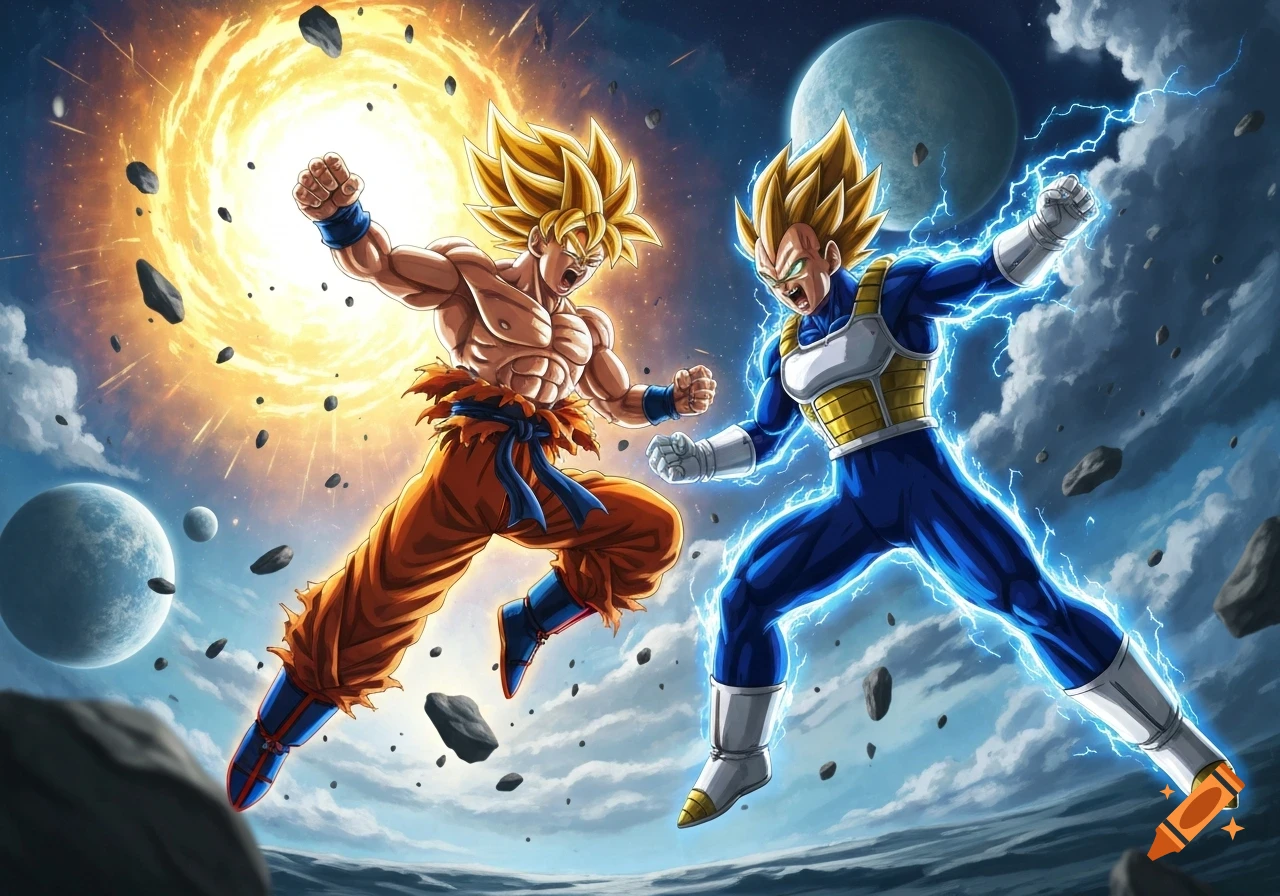 Anime art of Goku and Vegeta in Super Saiyan forms, powering up with yellow and blue energy in a cosmic battle scene.