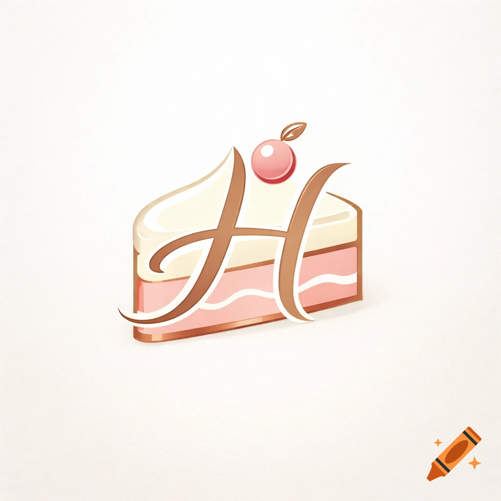 Stylized logo of a slice of pink and white cake with a cherry on top and a brown capital letter H across it.