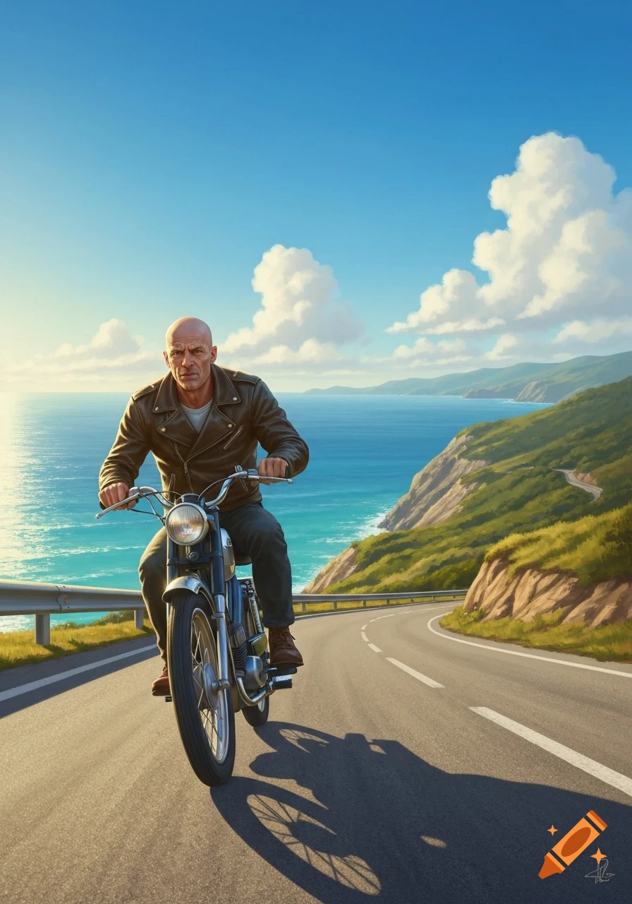 A bald man in a leather jacket rides a motorcycle on a winding coastal road overlooking the ocean and green hills.