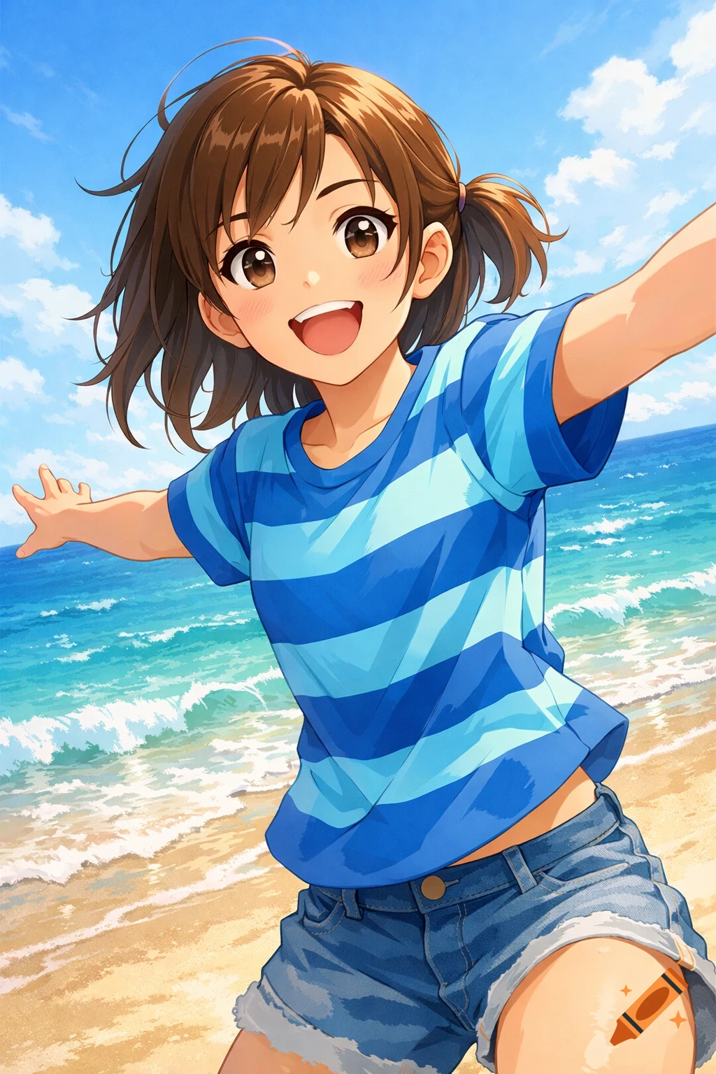 An anime girl with short brown hair, wearing a blue and light blue striped shirt and denim shorts, smiles happily at a sunny beach.