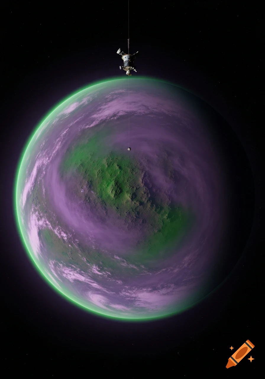 A space probe hovers above a purple and green exoplanet with a dense atmosphere in a dark starry void, photorealistic style.