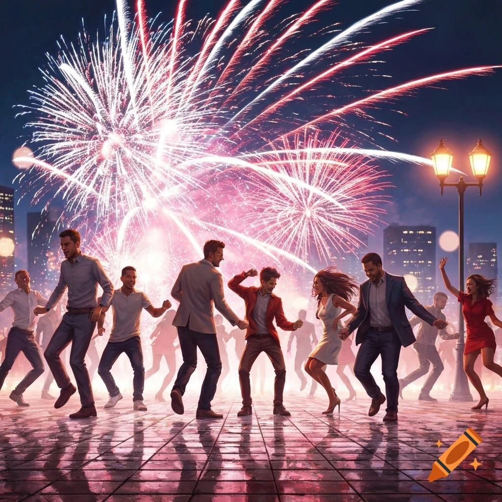 Diverse people dance jubilantly under a vibrant fireworks display lighting up a city night sky, with reflections on wet pavement.