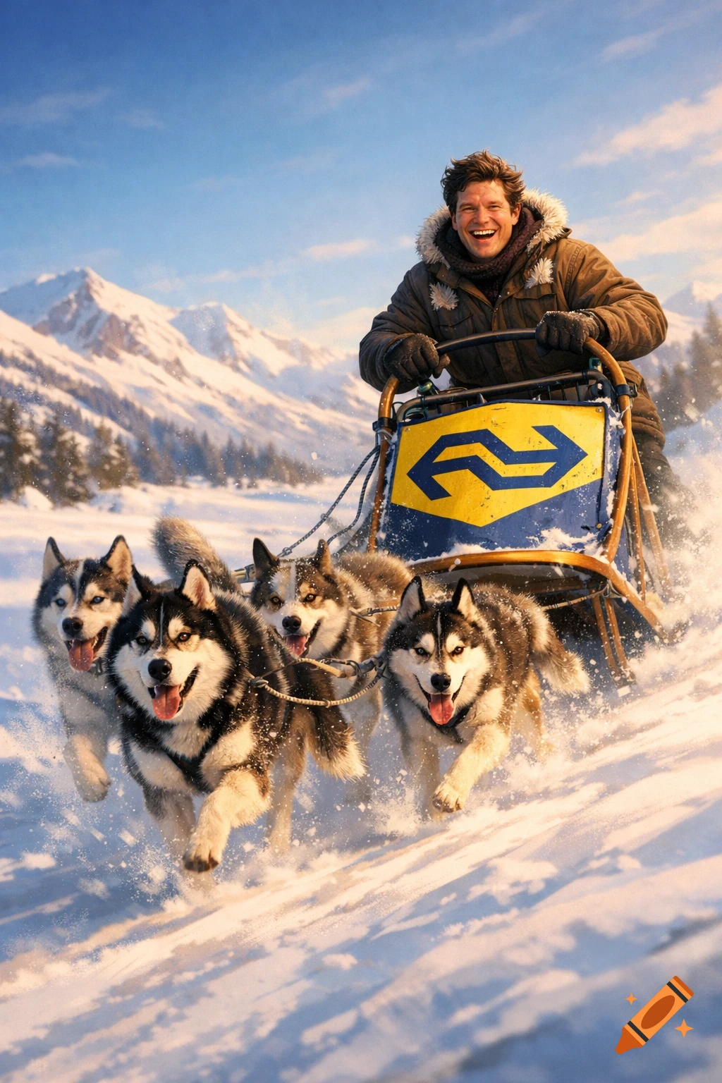 A smiling man rides a dog sled pulled by four huskies through a snowy ...
