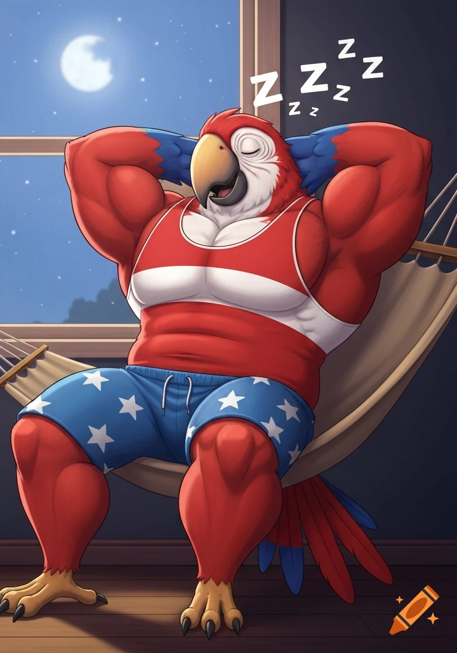 A muscular anthropomorphic red parrot in a tank top and star shorts sleeps in a hammock by a moonlit window, Zs float above its head in a 2D cartoon style.