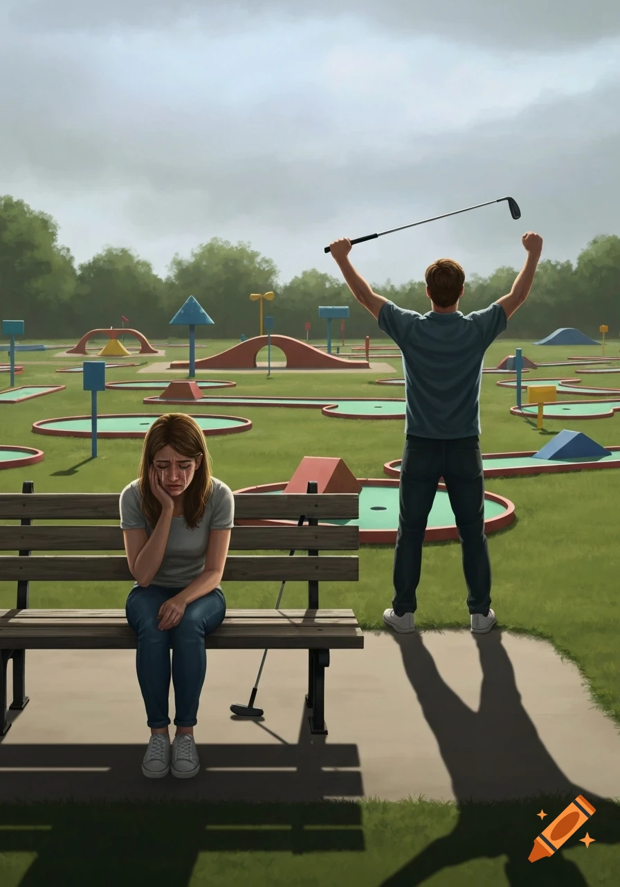 A crying woman sits on a bench while a man celebrates with a golf club in a mini-golf course, illustrated.