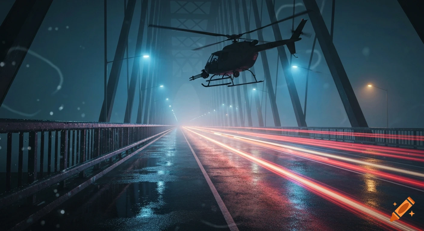 Photorealistic cinematic night scene of a helicopter flying low over a wet bridge with red light trails from cars.