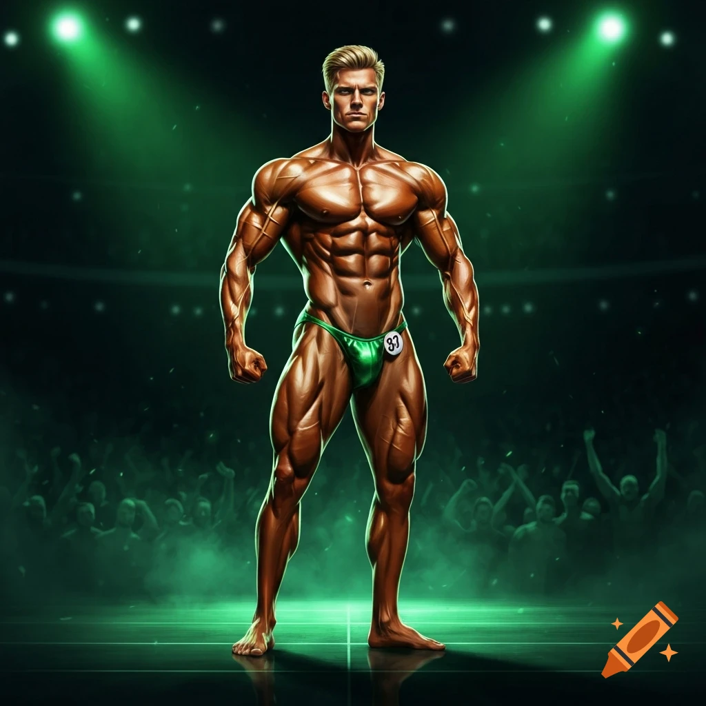A muscular blond bodybuilder in green posing trunks with number 83 stands on a stage under green spotlights with a blurred crowd.