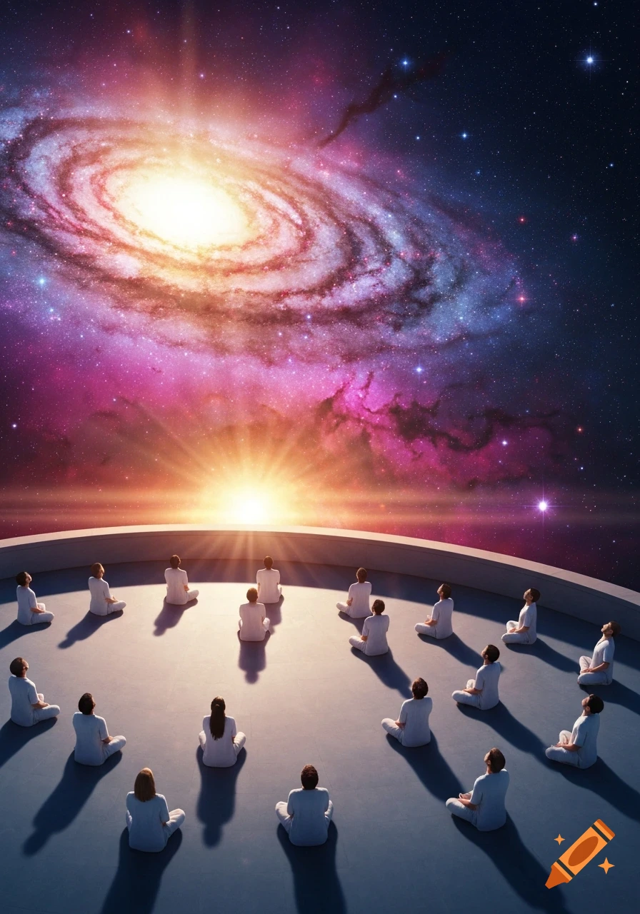 A group of people meditate on a semicircular terrace, looking up at a vibrant galaxy and a bright sunrise.