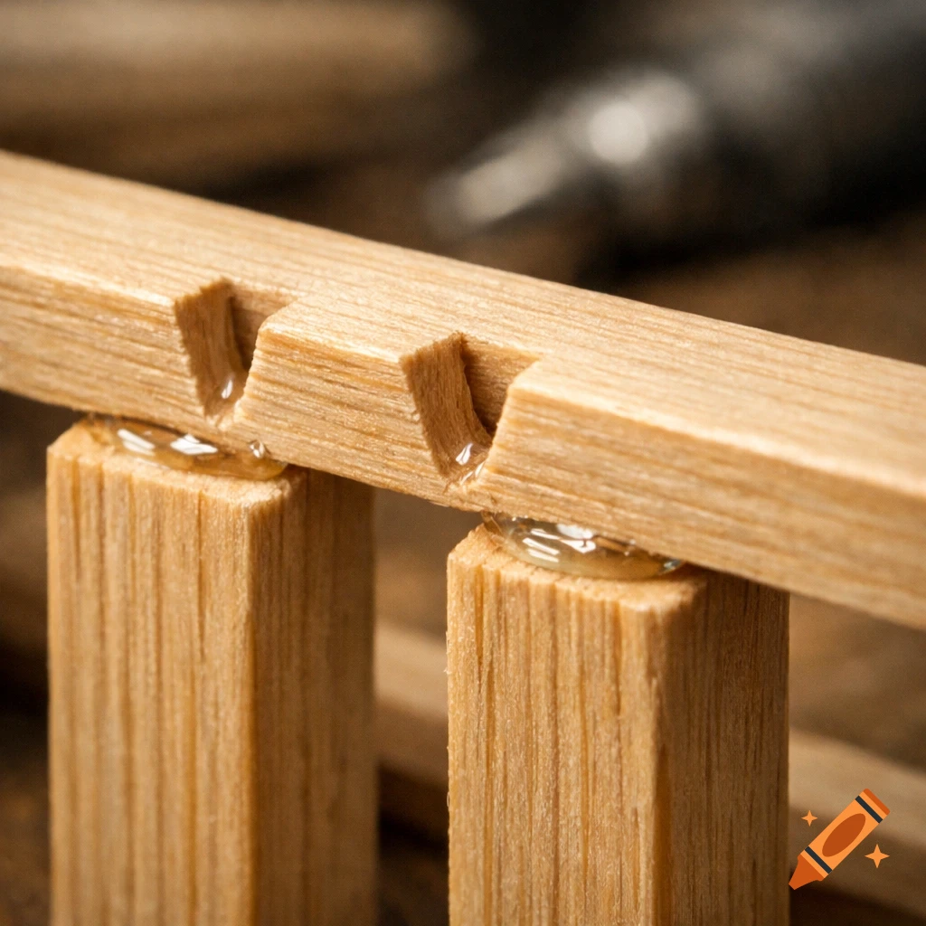 Close-up of wooden craft sticks being glued together, showing notched crossbeams with visible glue droplets.