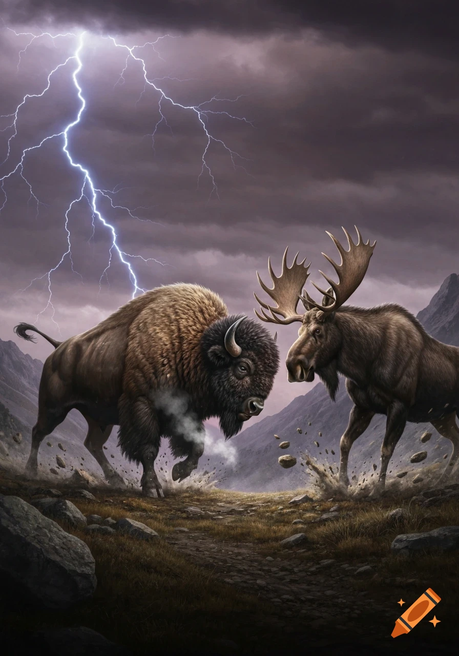 A dramatic fantasy art depiction of a powerful bison and a large moose facing off in a stormy, mountainous landscape under a lightning strike.