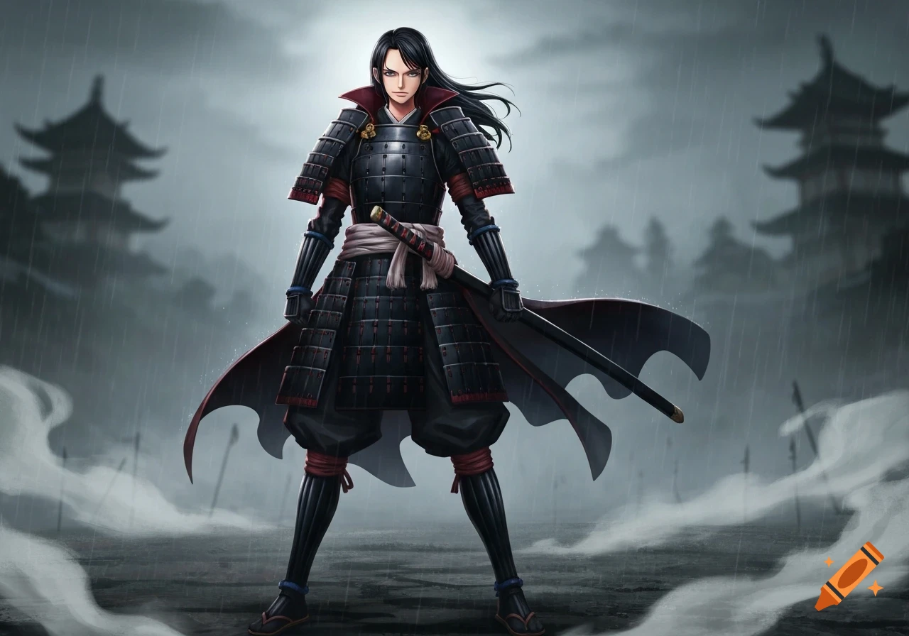 Anime-style illustration of a female samurai in black armor, standing in the rain with a katana, Japanese buildings in the background.