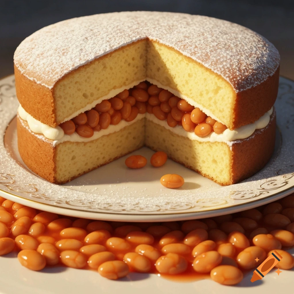 Photorealistic Victoria sponge cake, sliced to show a baked bean filling with cream, and beans scattered on the plate.