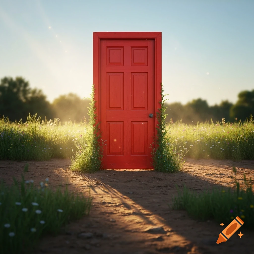 A bright red door stands upright in a sunlit grassy field with a dirt path leading to it.