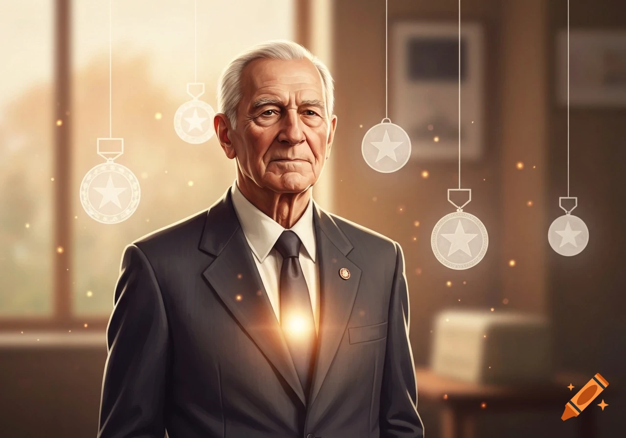 Photorealistic portrait of a distinguished elderly man in a dark suit with glowing medals floating around him in a warm office setting.