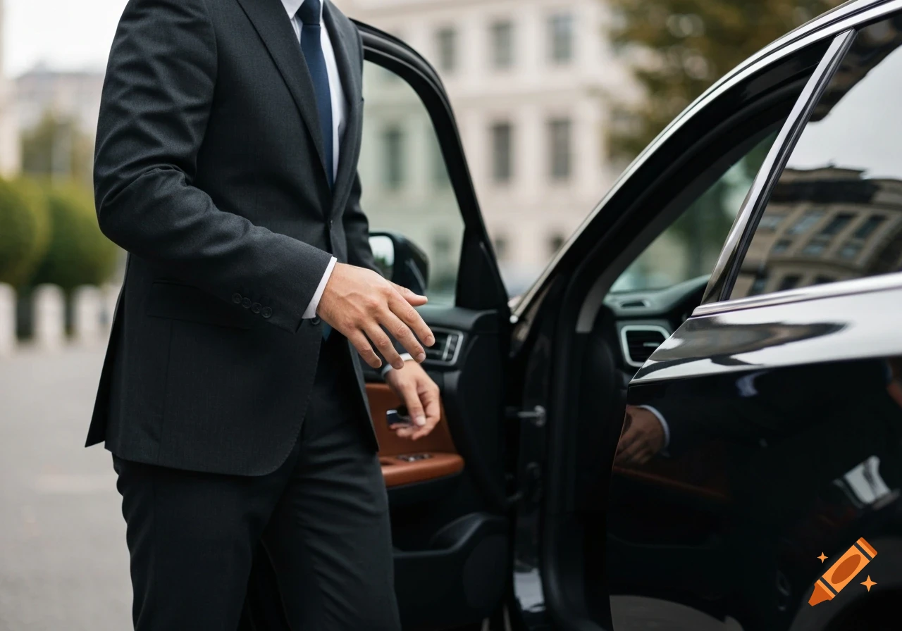 A man in a dark suit and blue tie stands opening the door of a black luxury car.