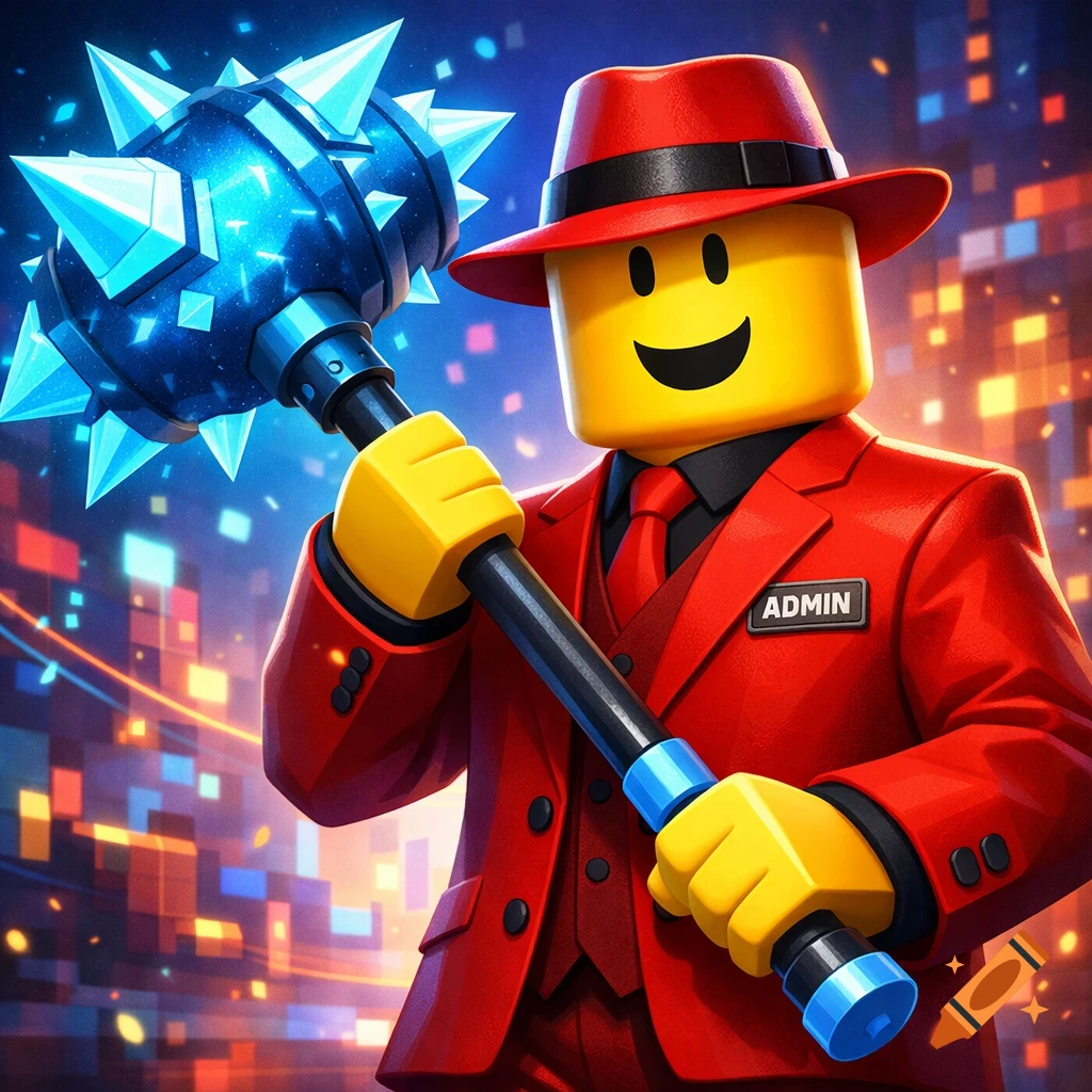 A Roblox-style admin character with a yellow head, red suit, and fedora, holding a glowing blue spiky hammer against a colorful digital background.