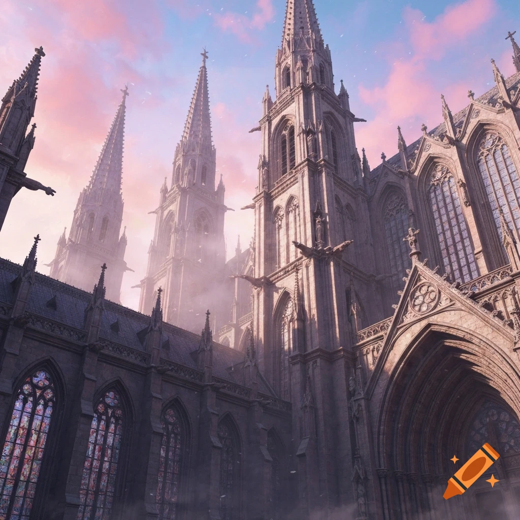 A majestic Gothic cathedral with multiple spires, intricate details, and gargoyles, captured from a low angle against a pink and blue sky with ethereal mist.