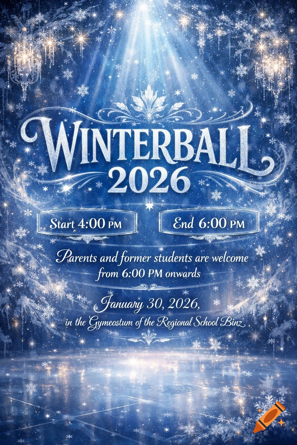 A sparkling blue and white Winterball 2026 event flyer with snowflakes, ice, and detailed event information.