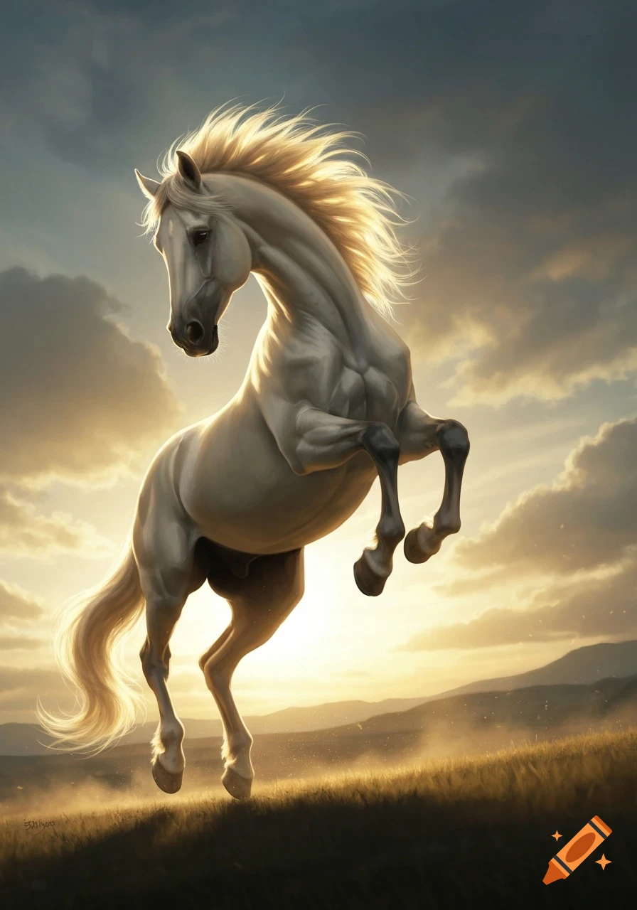 A majestic white horse rears up on its hind legs in a golden field at sunset, with a dramatic cloudy sky.