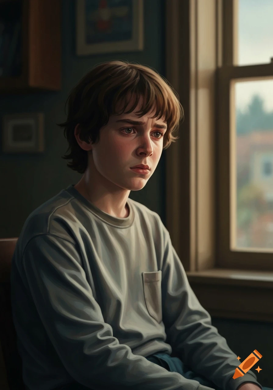 A realistic digital painting of a pensive young boy with brown hair, wearing a gray long-sleeved shirt, sitting by a window.