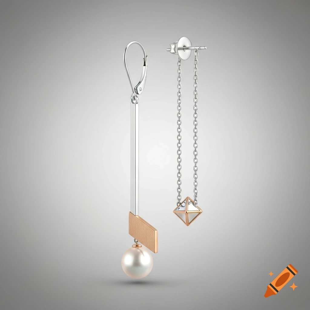 Two modern earrings against a gray background: a silver bar with a rose gold accent and pearl, and a silver chain with a geometric pendant.