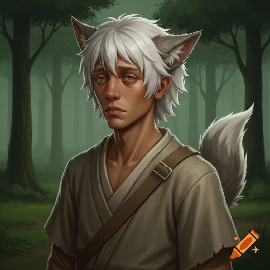 Semirealistic painting of a young man with white hair, wolf ears and tail, tired eyes, wearing robes in a dark forest.