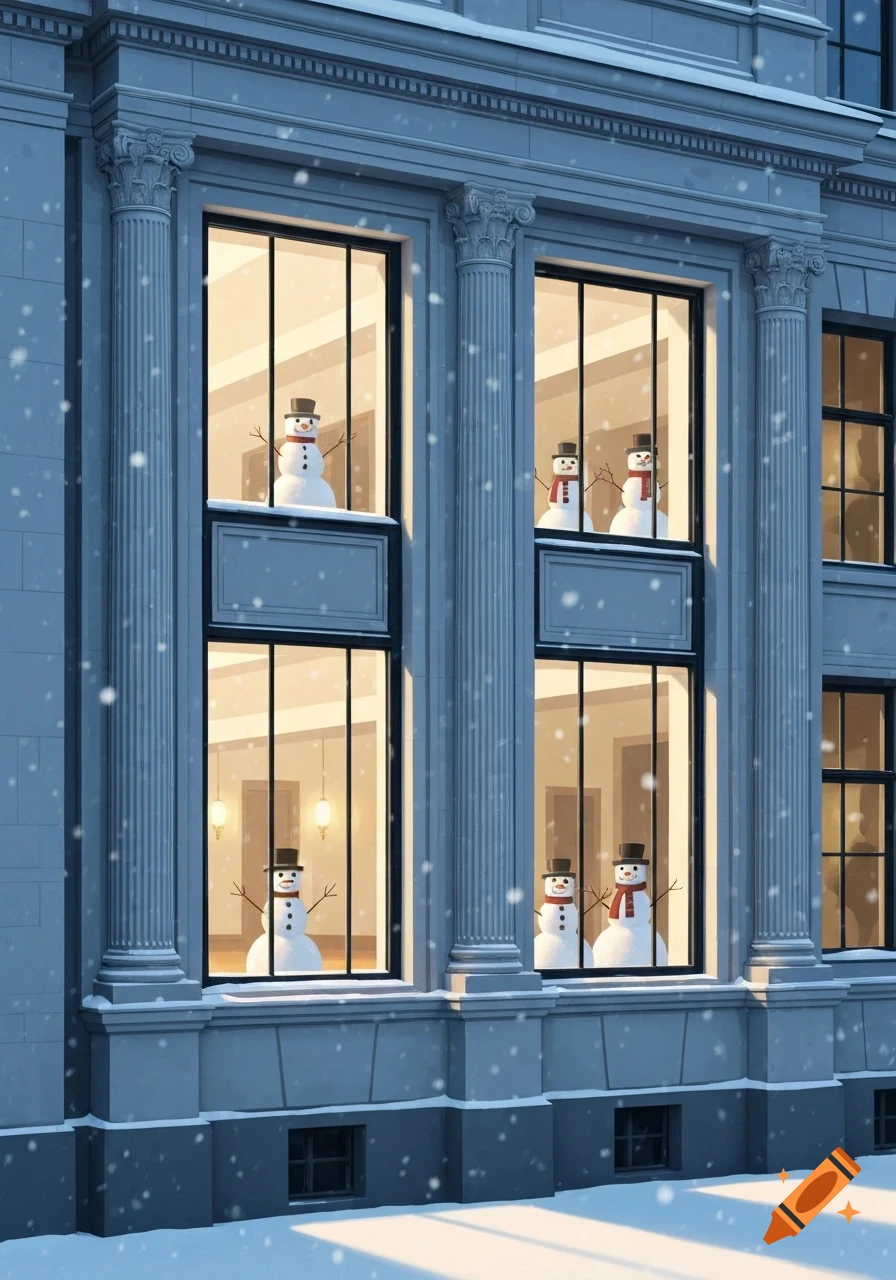 Snow is falling outside a grand stone building with multiple snowmen visible in its illuminated windows.