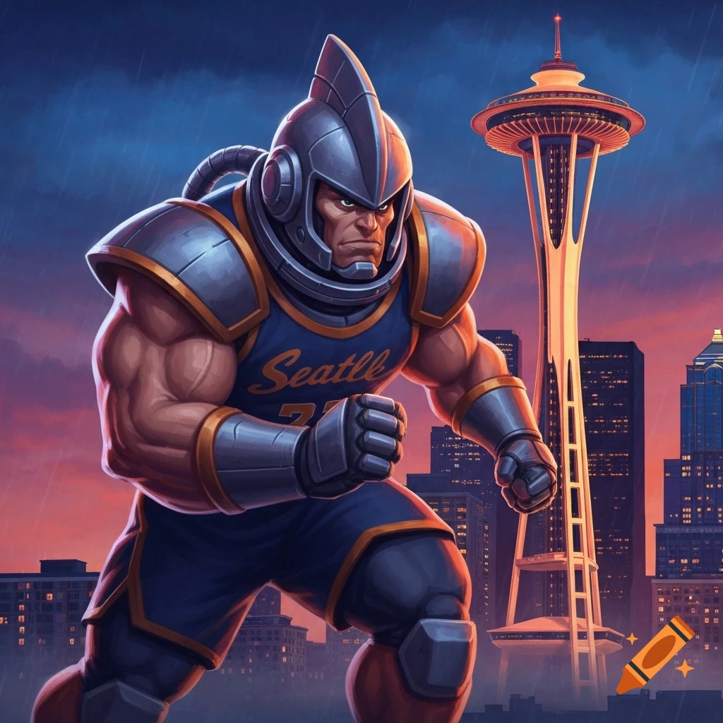 Comic-style mascot with shark-fin helmet and 'Seattle 27' jersey, with the Seattle Space Needle and city at sunset.
