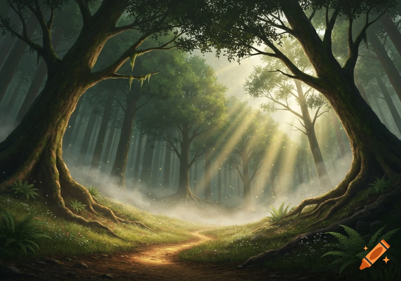 A sunlit forest path winding through misty woods, framed by large trees with exposed roots.