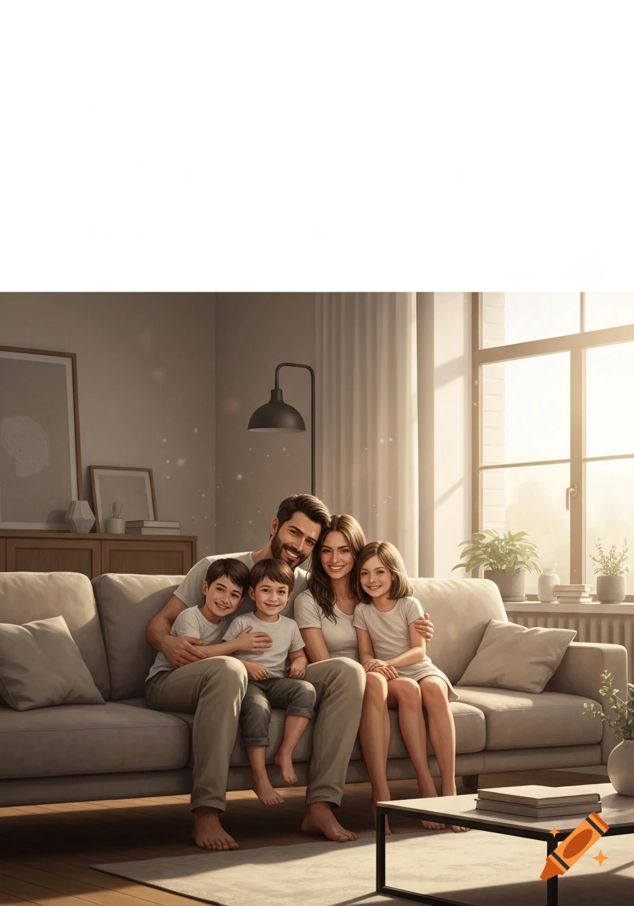 A family of four (father, mother, two children) sitting happily on a sofa in a bright, sunlit living room.