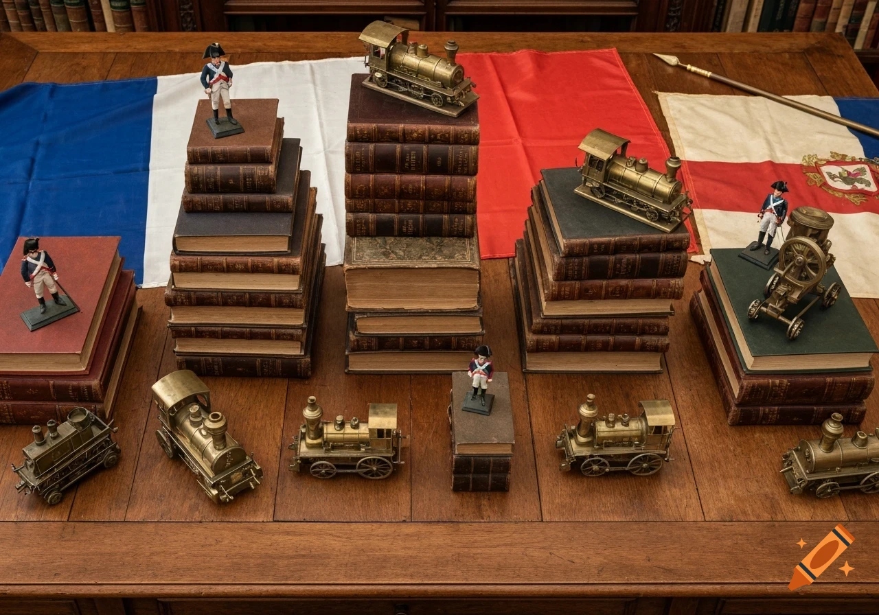 A still life photo of antique books stacked on a wooden table, adorned with brass model trains, Napoleonic figures, and French flags.