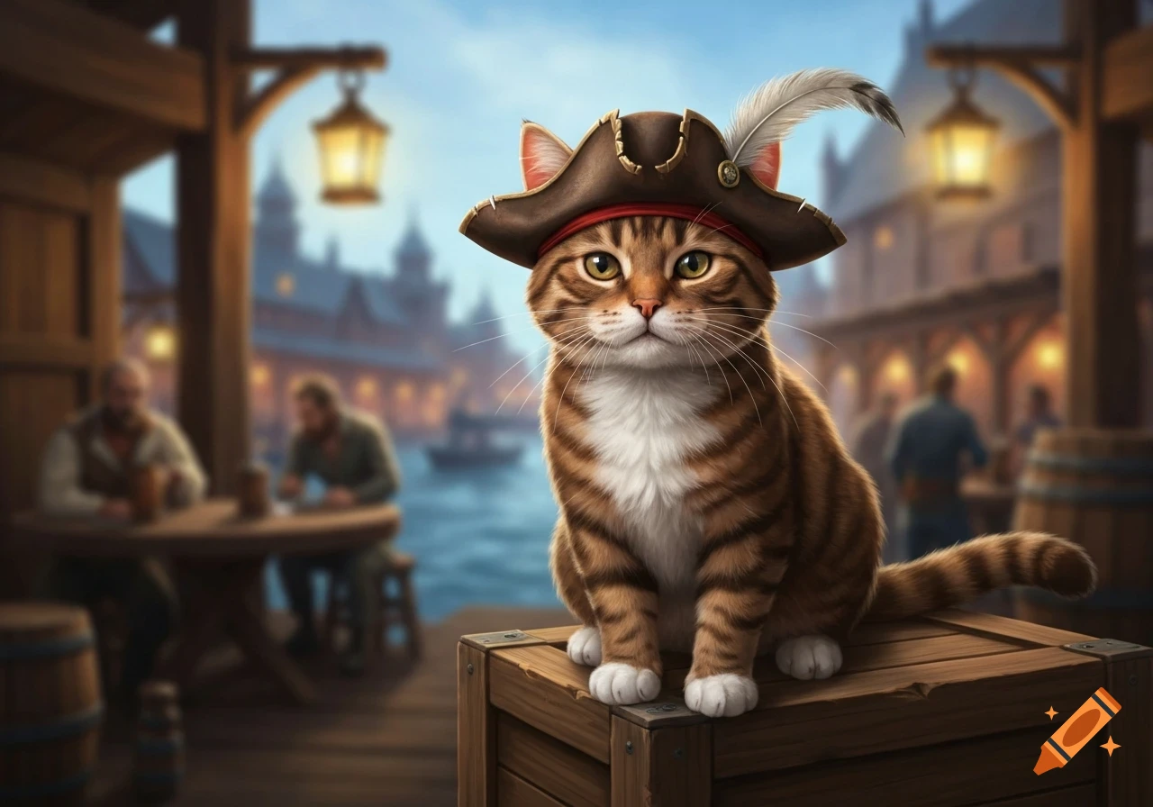 A cute brown tabby cat with white paws wearing a pirate hat, sitting on a wooden crate in a bustling port scene.