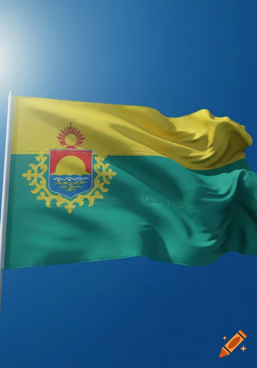 A yellow and green flag with a central crest-like emblem featuring a red sun and blue waves, waving against a bright blue sky.